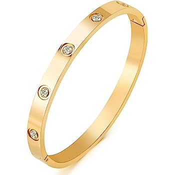 MVCOLEDY Jewelry 18 K Gold Plated Bangle Bracelet CZ Stone Hinged Stainless Steel with Crystal Ba... | Amazon (US)