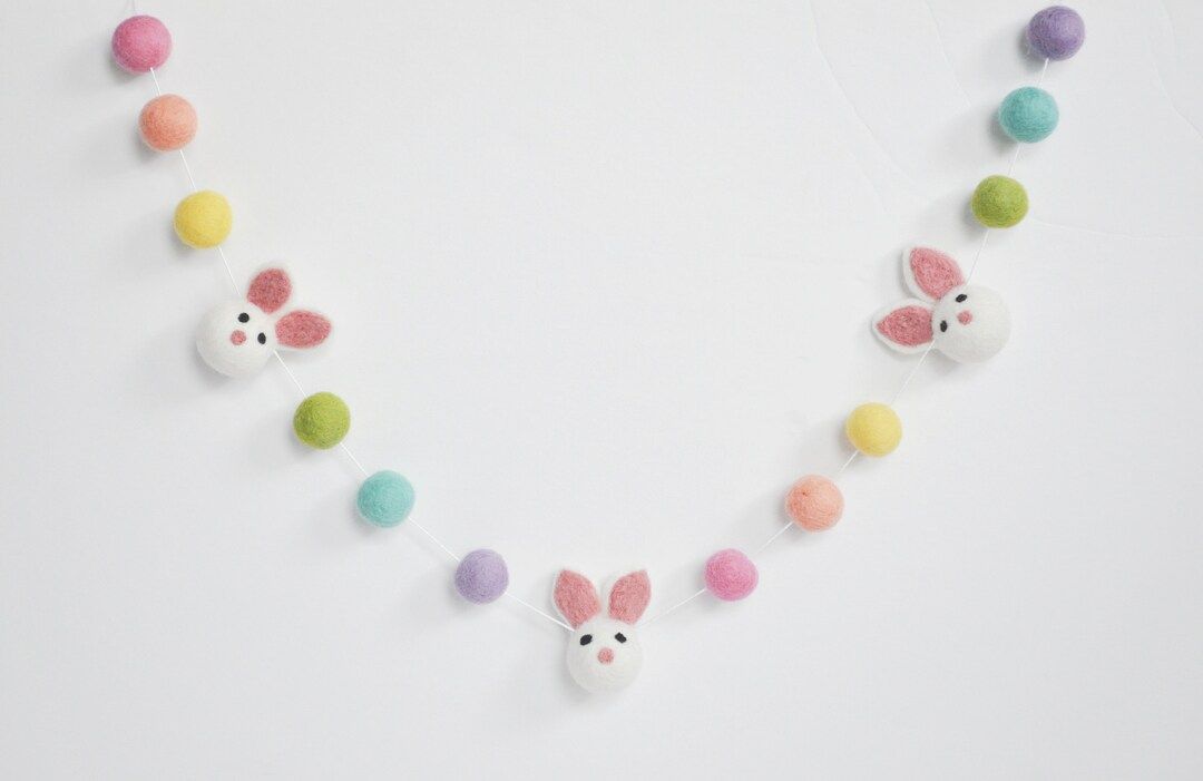 Easter Bunny Garland - Spring Decoration - Bright Rainbow Felt Balls | Etsy (US)