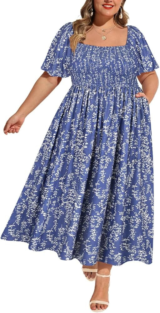 Plus Size Dresses for Curvy Women Square Neck Short Sleeve Summer Floral Smocked Maxi Dress with ... | Amazon (US)