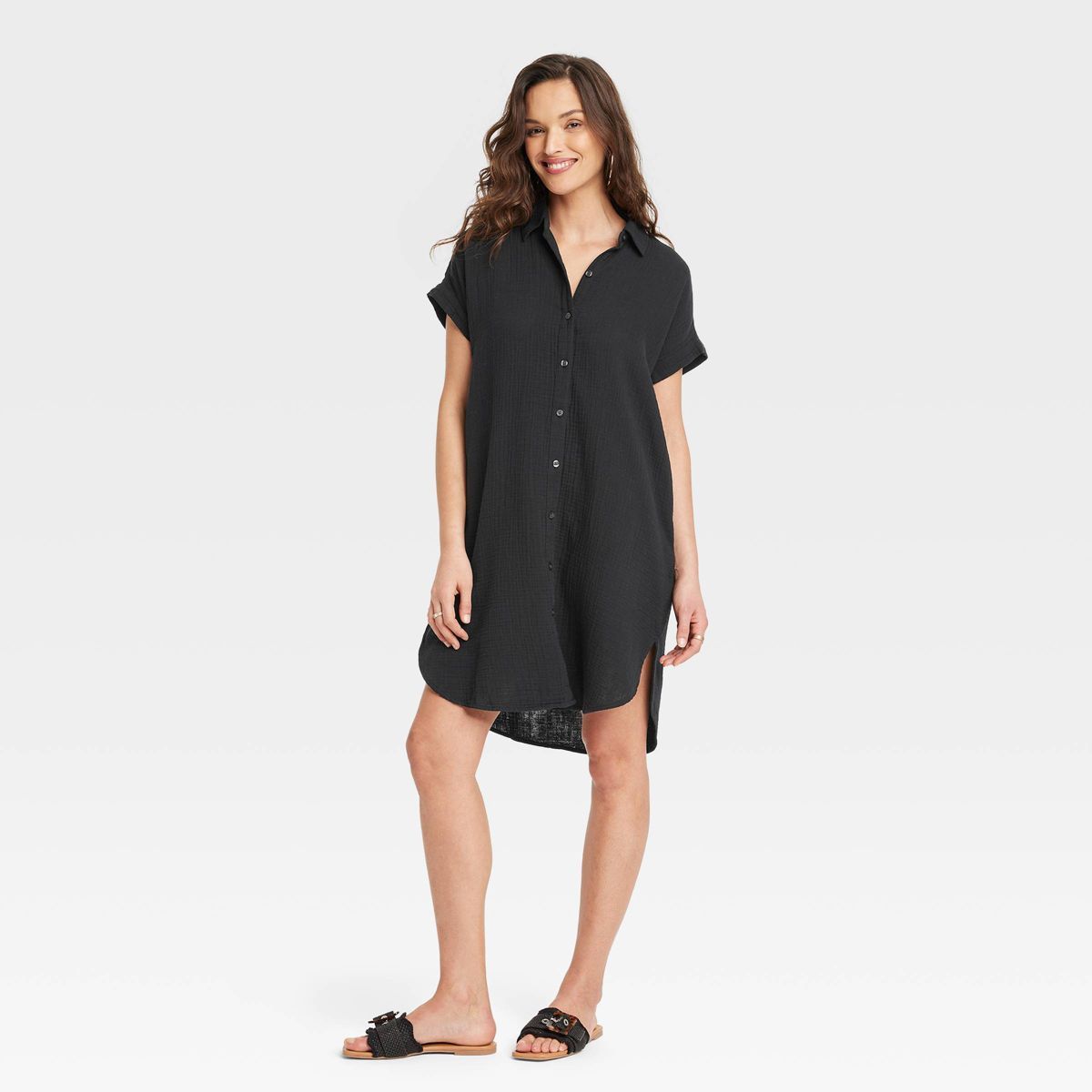 Women's Short Sleeve Mini Shirtdress - Universal Thread™ Black M | Target