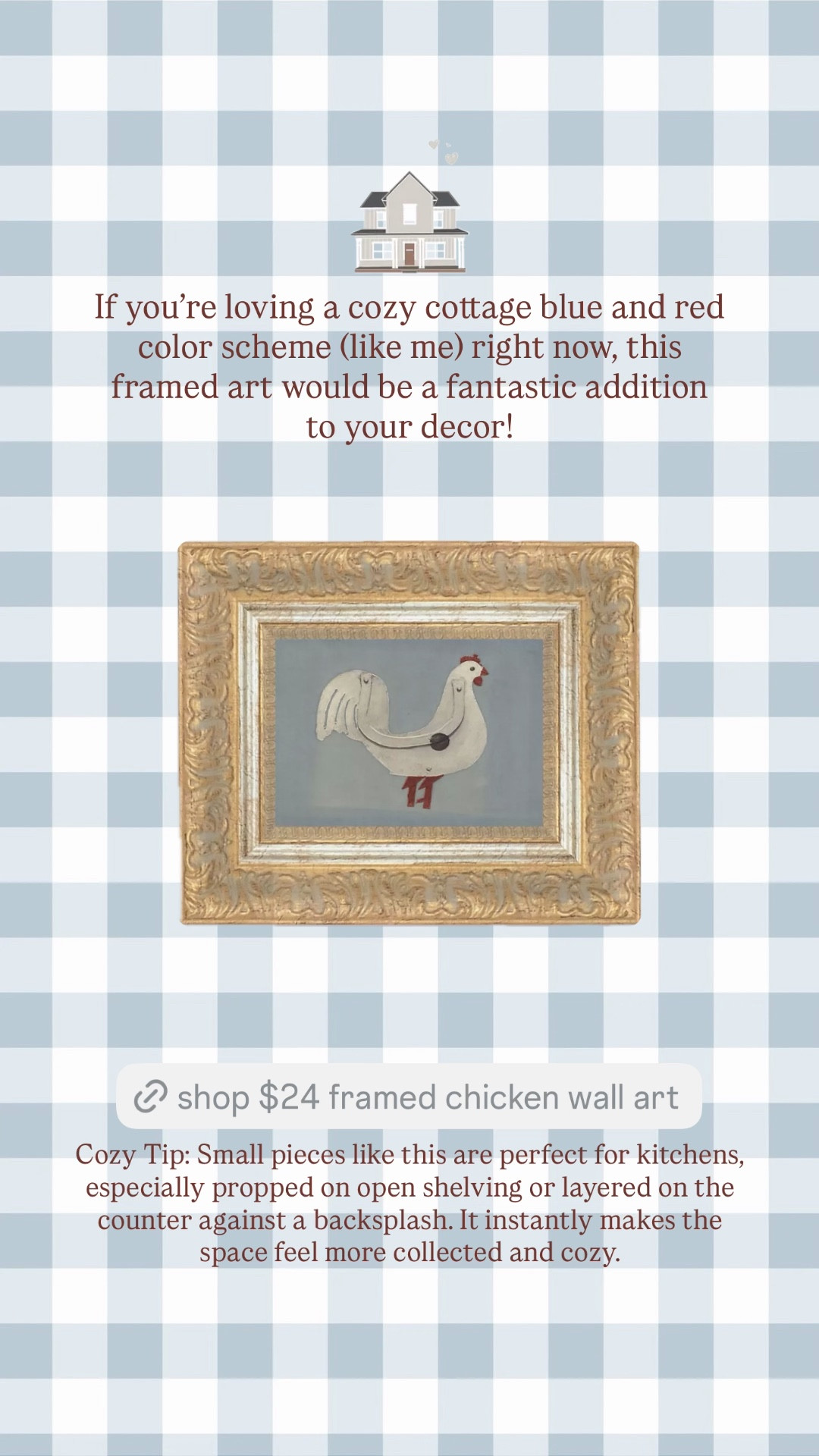 If you’re loving a cozy cottage red and blue color scheme (like me) right now, you’ll love this framed chicken art. 

#LTKHome