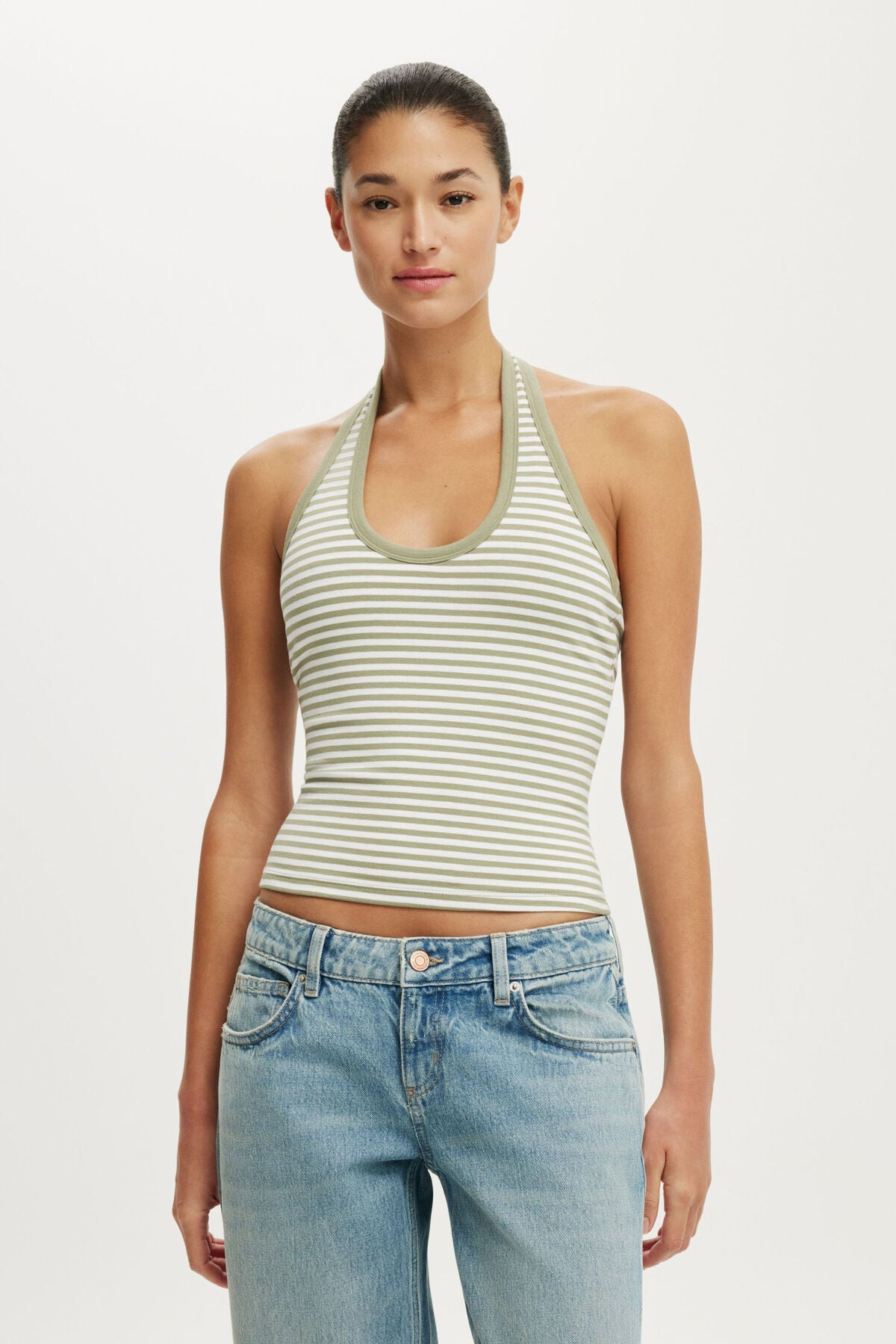 Cotton On Women - Everyday Smooth Scoop Halter - Madi stripe pale eucalptus | Cotton On (ANZ)