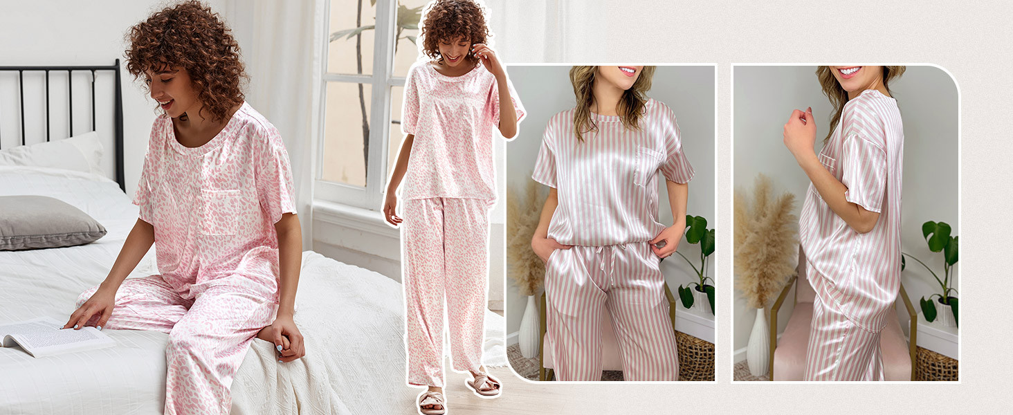 Ekouaer Womens Satin Silky Pajama Set Short Sleeve Shirt with Long Pajama Pant Set ... | Amazon (US)