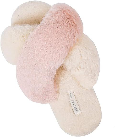 HALLUCI Women's Cross Band Soft Plush Fleece House Indoor or Outdoor Slippers | Amazon (US)