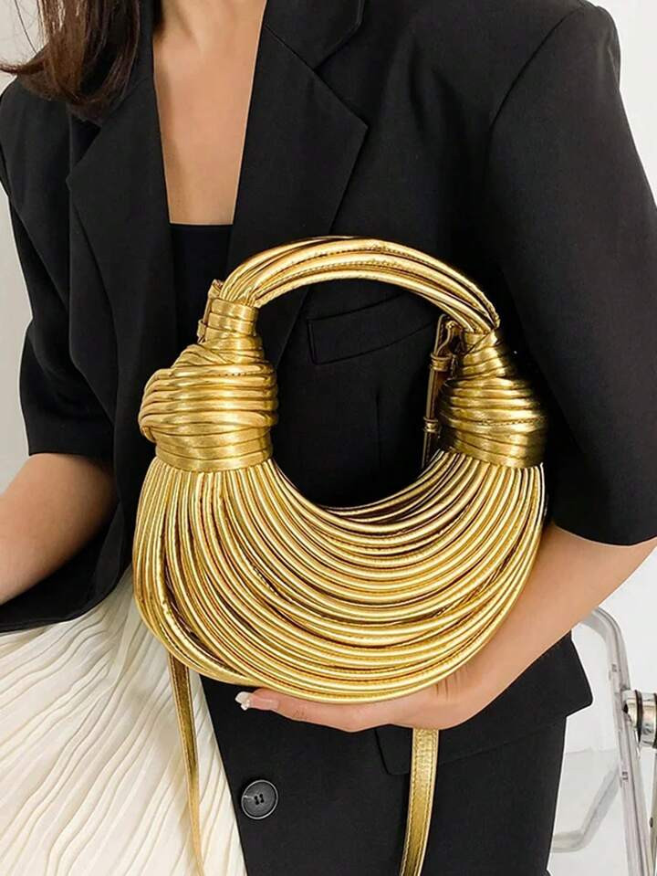 Sacs à main pour femmes Nouveau sac nouilles tissé à la main de marque de designer de luxe doré, sac de soirée Hobo tiré noué à la corde Chic | SHEIN | SHEIN