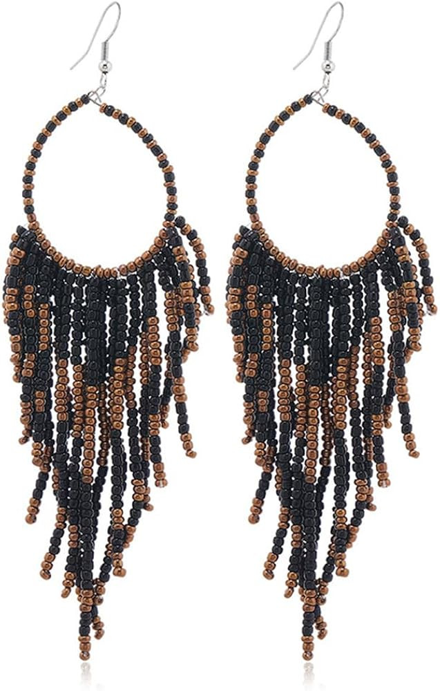 Boho Long Fringe Drop Dangle Statement Earrings for Women Girls Hademade Ball Beads Hoop Tassel C... | Amazon (US)
