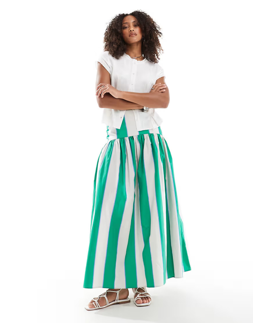ASOS DESIGN dropped waist maxi skirt in green stripe-Multi | ASOS (Global)