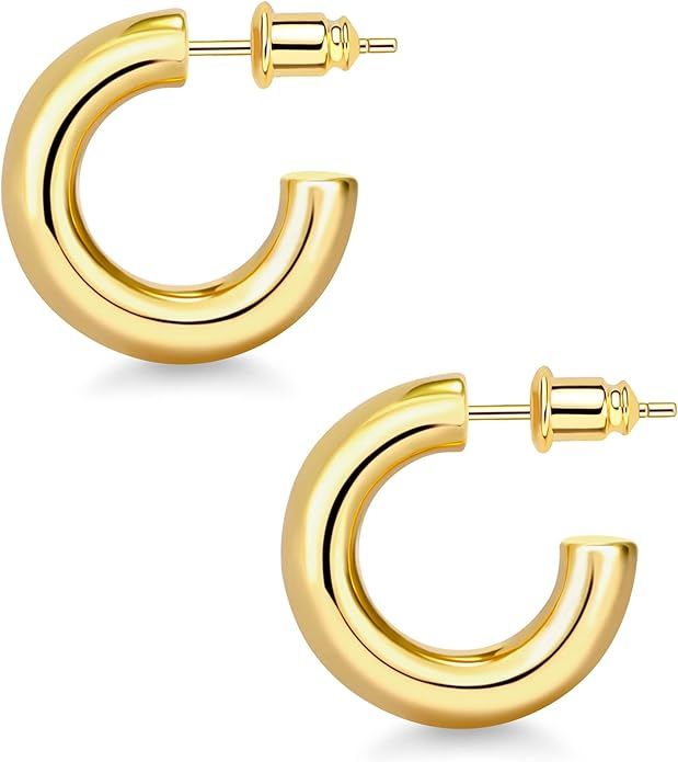 Chunky Gold Hoop Earrings, Small Gold Hoop Earrings for Women 14K Real Gold Plated Thick Open Hoo... | Amazon (US)