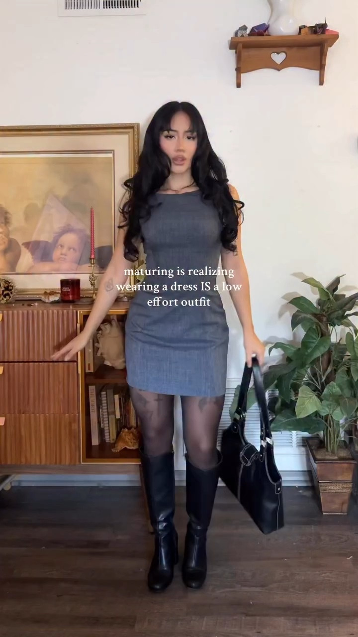 it literally requires no planning 🫶🏼 boots from @stevemadden #loweffortoutfit #outfitideas #outfitinspo #dress