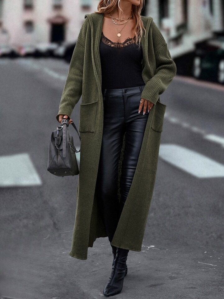 SHEIN LUNE Drop Shoulder Pocket Patched Hooded Duster Cardigan | SHEIN