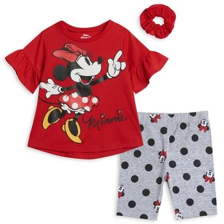 Disney Minnie Mouse Toddler Girls 3 Piece Outfit Set: T-Shirt Shorts Scrunchy Red / Grey 4T | Walmart (US)