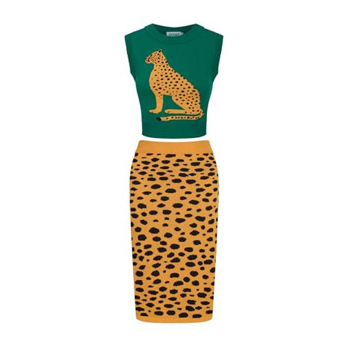 OXKNIT Women's Knitted Vest Skirt Sets, 1960s Mod Style Retro Leopard Green Tank Yellow Straight Skirt 2 Piece Sets Summer | Amazon (US)