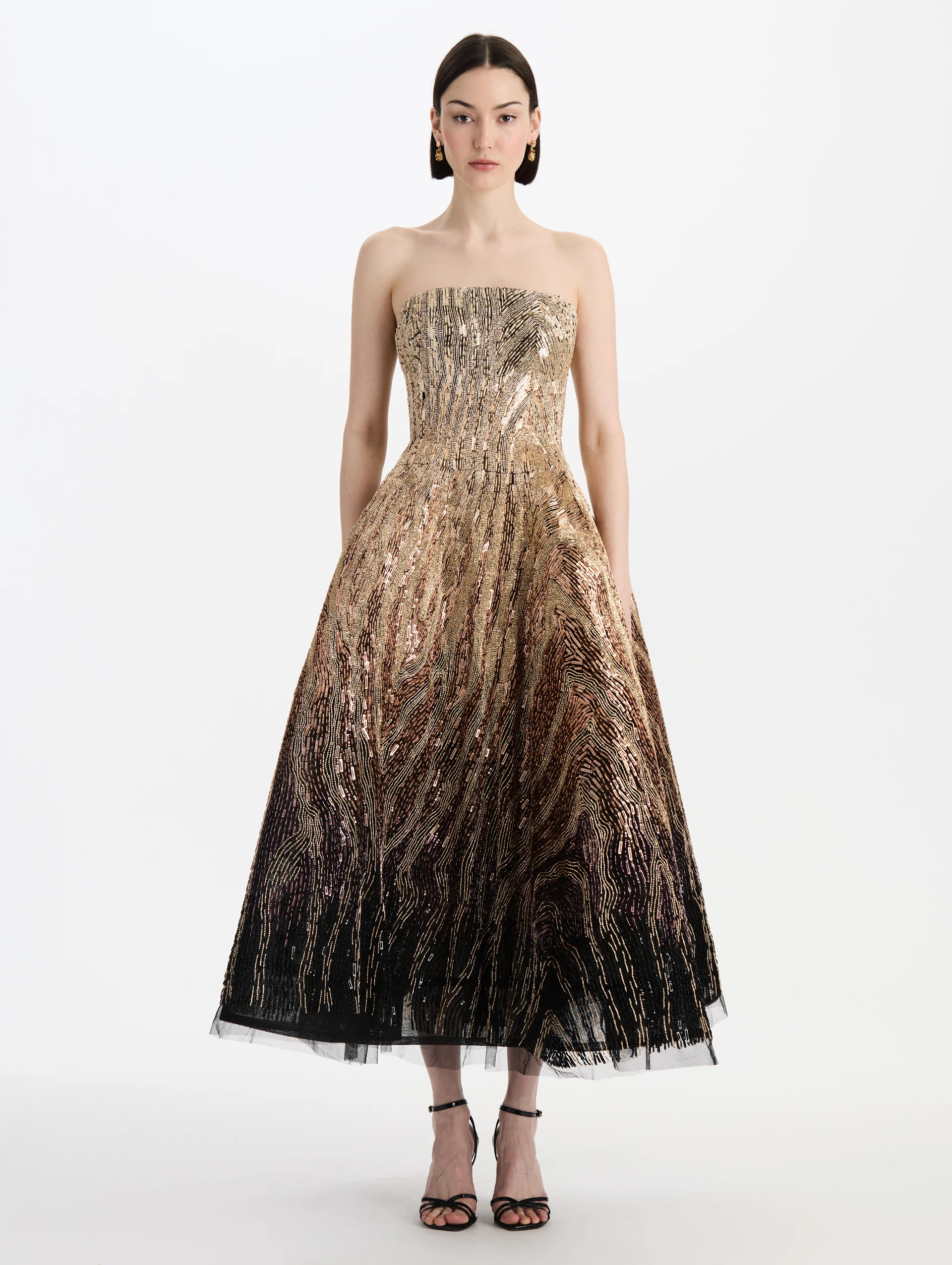 Beaded Sequin Moiré Ombré Tea Length Gown | Oscar de la Renta