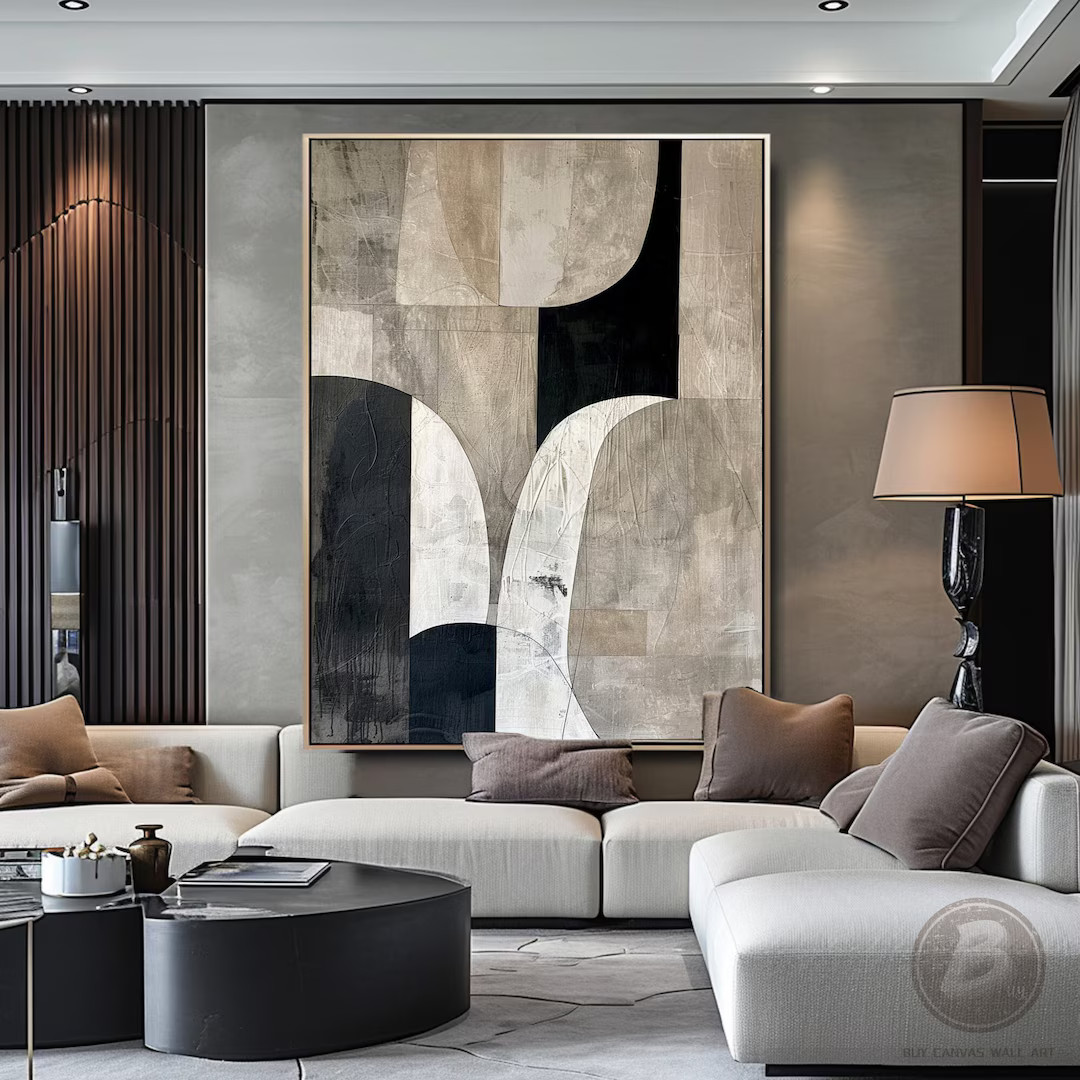 Large Creamy Beige Abstract Geometric Oil Painting Modern Wabi Sabi Wall Art Beige and Black Mini... | Etsy (US)