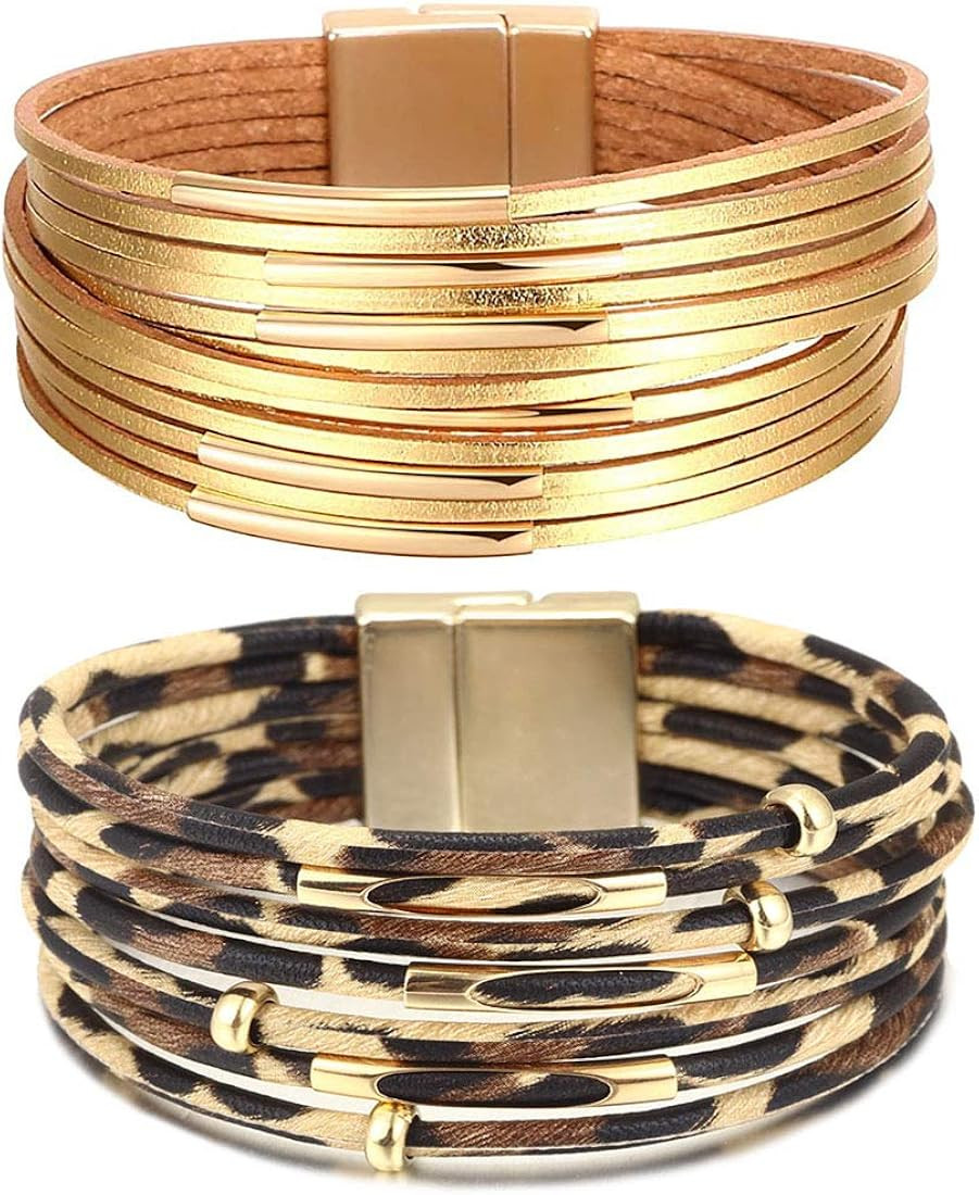 Neckcely 2Pcs Leopard Print Multilayer Leather Wrap Wide Bracelets Handmade Wristband Braided Rop... | Amazon (US)