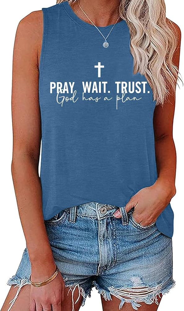 BLACKMYTH Women's Graphic Pray Wait Trust Cross Graphic Tank Tops | Amazon (US)