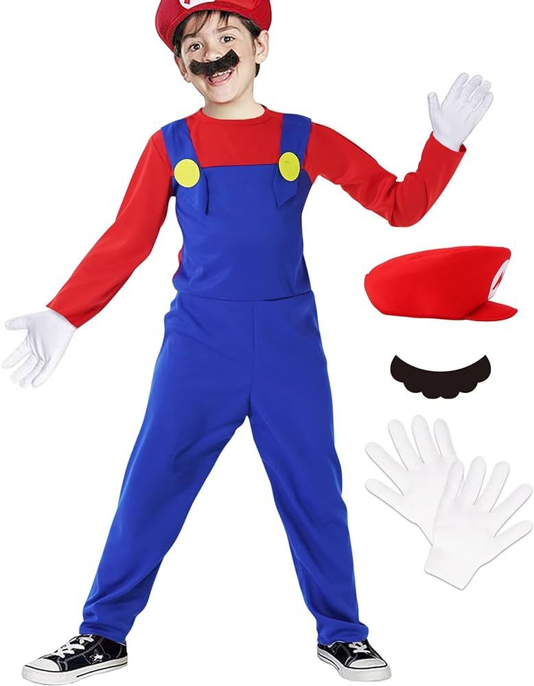 Oskiner Plumber Costume for Kids-Halloween Kids Cosplay Jumpsuit with Accessory (Red, L(Height46-... | Amazon (US)