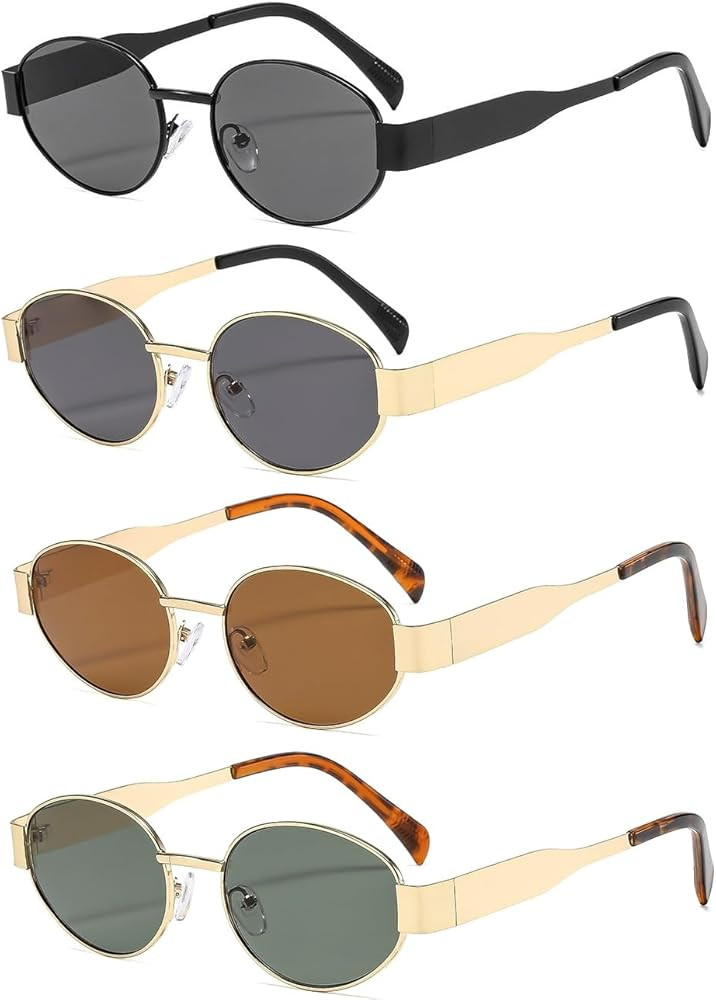 4 Pieces Retro Oval Sunglasses for Women Men 90s Trendy Gold Metal Frame Sun Glasses Small Round ... | Amazon (US)
