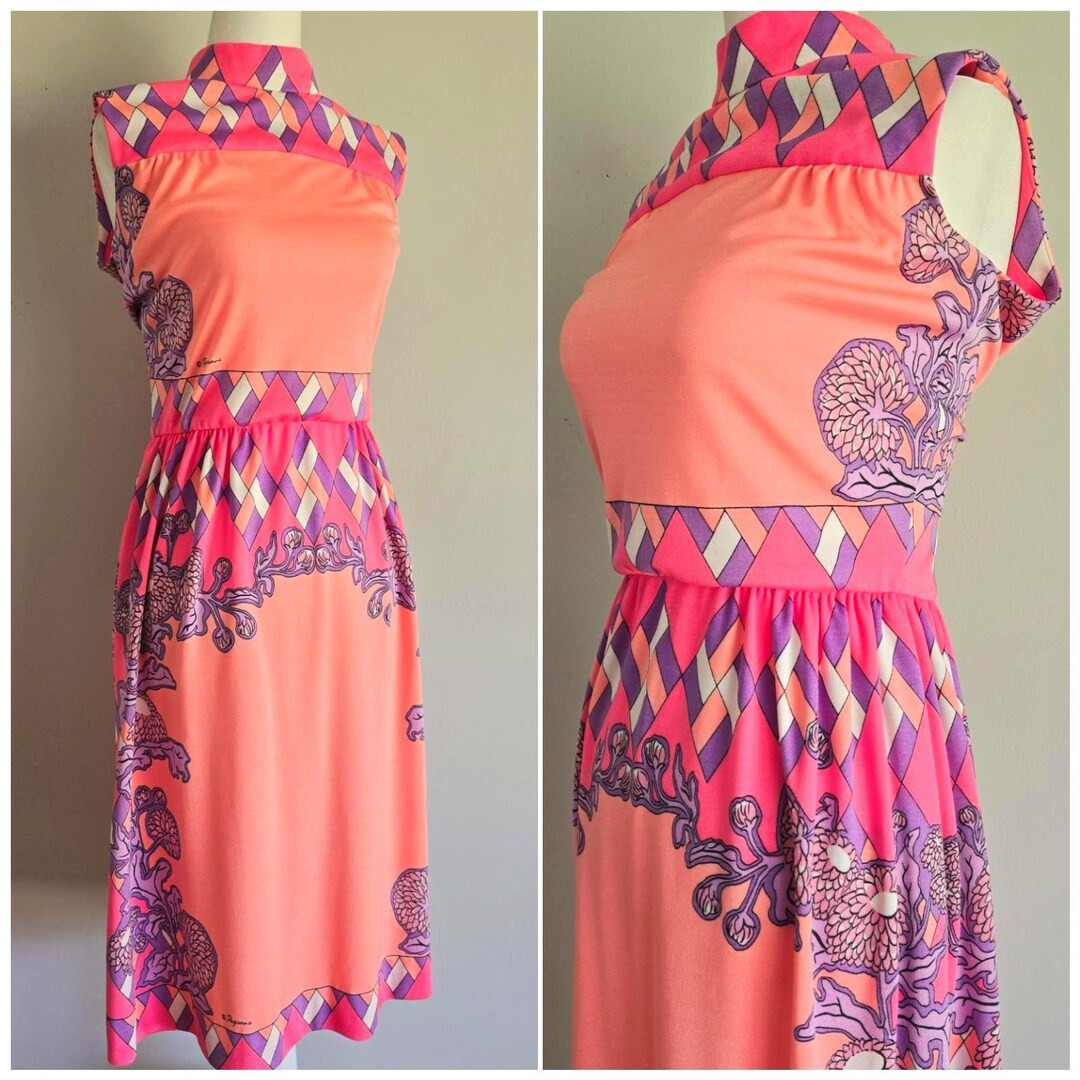 Vintage 1970s Paganne Dress – Harlequin Floral Garden Party Dress in Purple, Pink, and Peach | Etsy (US)