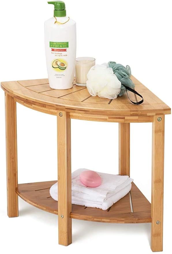 OasisSpace Corner Shower Stool, Bamboo Shower Bench with Storage Shelf, Wooden Spa Bath Organizer... | Amazon (US)