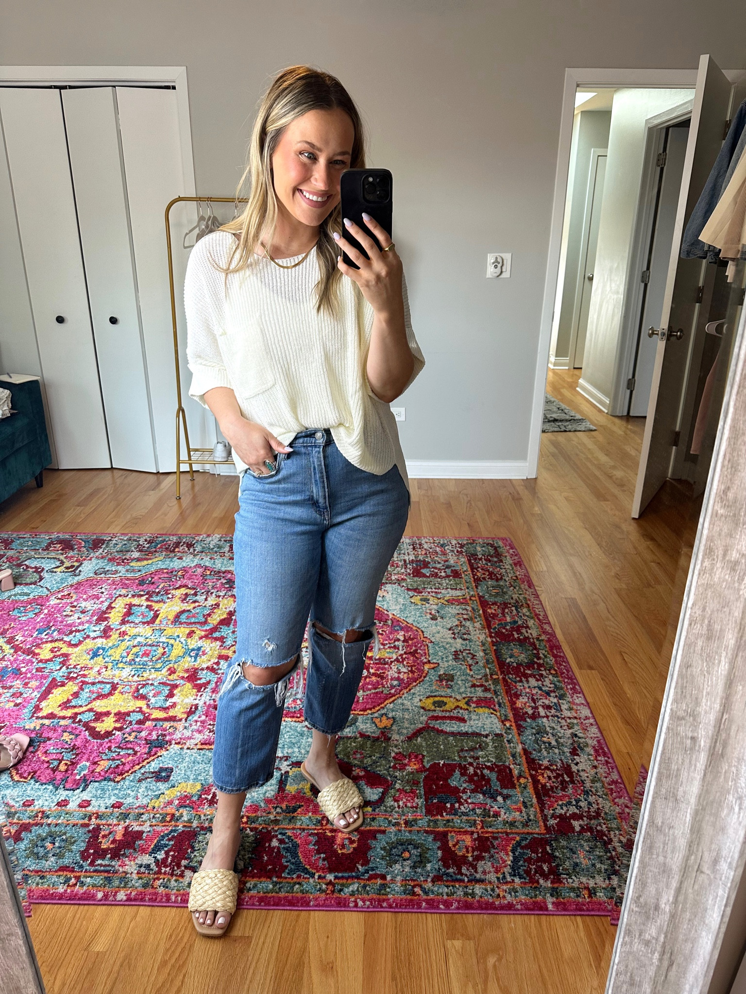 Todays outfit / oversized top is an amazon fashion find, linked these gold earrings, gold necklace, high waisted jeans and slide sandals 

#LTKsalealert #LTKshoecrush #LTKunder50