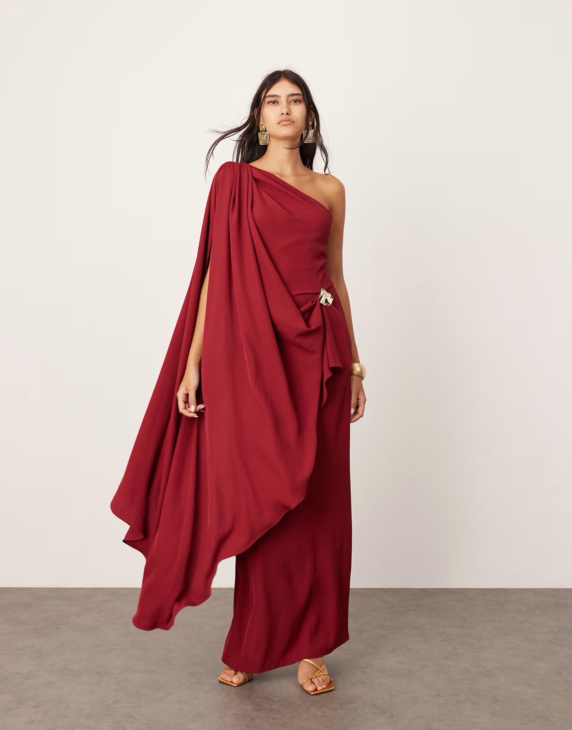 ASOS EDITION draped one shoulder maxi dress with gold trim detail in burgundy red | ASOS (Global)