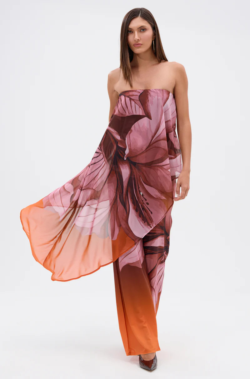 ON A BEACH SOMEWHERE PRINTED JUMPSUIT IN ORANGE | AKIRA