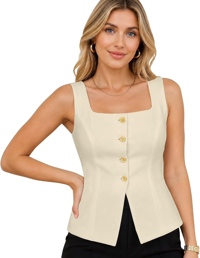 Womens Linen Vest Casual Slim Fit Square Neck Button Sleeveless Waistcoat | Amazon (US)