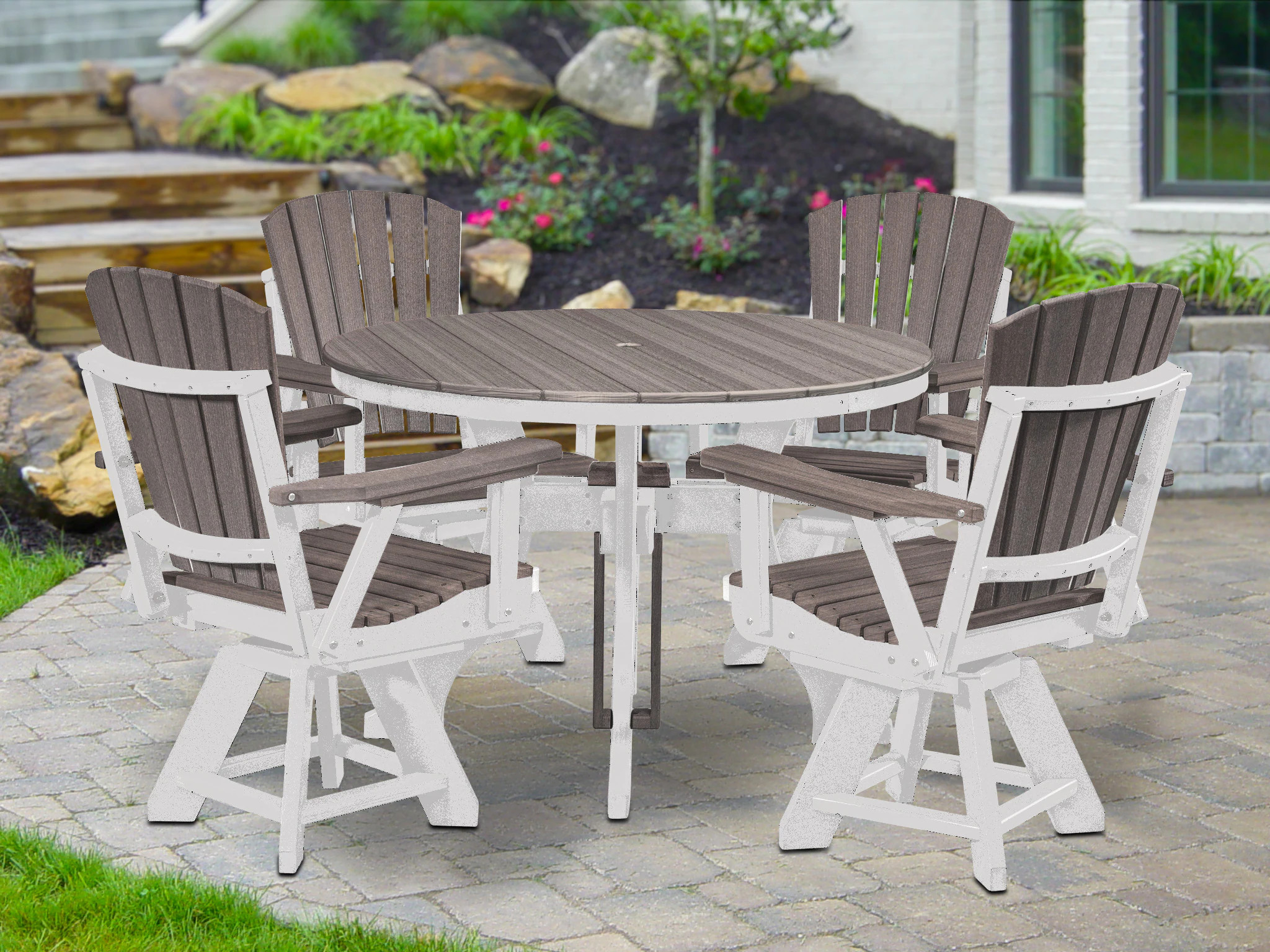 American Furniture Classics Adirondack 5 -Piece White Patio Dining Set HDPE Round Table with 4 Swivel Chairs one_size | DR130CGWT-K | Lowe's