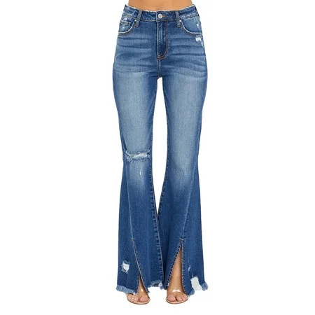 Risen Jeans - High Rise Front Slit with Fray Hem Flare Jeans - RDP5544 | Walmart (US)