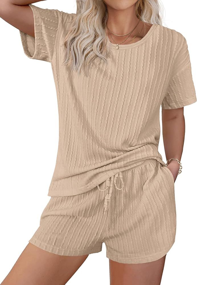 Ekouaer Women's 2 Piece Lounge Sets Ribbed Knit Matching Outfits T-shirt and Shorts Sets Sleepwea... | Amazon (US)