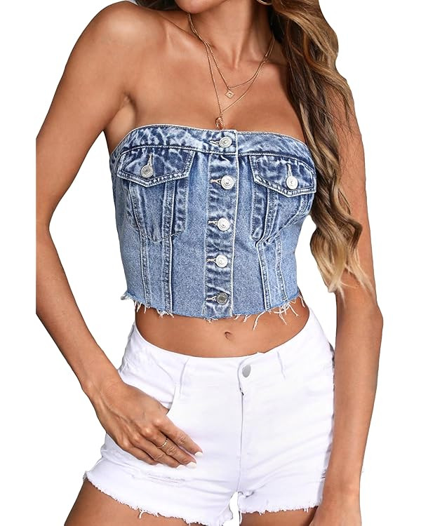 SHENHE Women's Strapless Button Up Shirred Raw Hem Sexy Fitted Crop Denim Tube Top | Amazon (US)