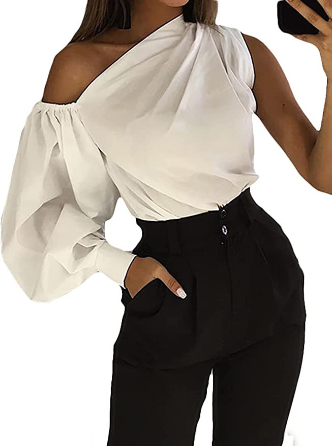 Celmia Women's Satin Silk Long Sleeve Off Shoulder Button Down Shirt Formal Work Blouse Asymmetri... | Amazon (US)