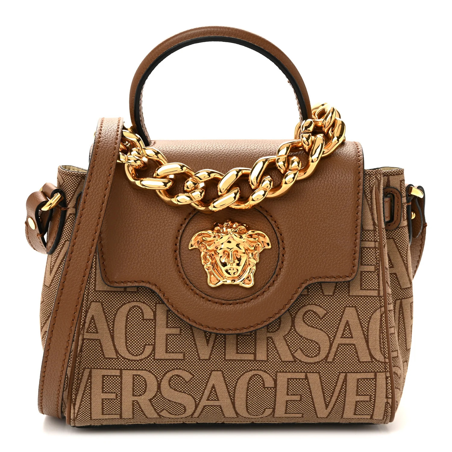 Calfskin Canvas Allover La Medusa Small Top Handle Handbag Brown | FASHIONPHILE (US)