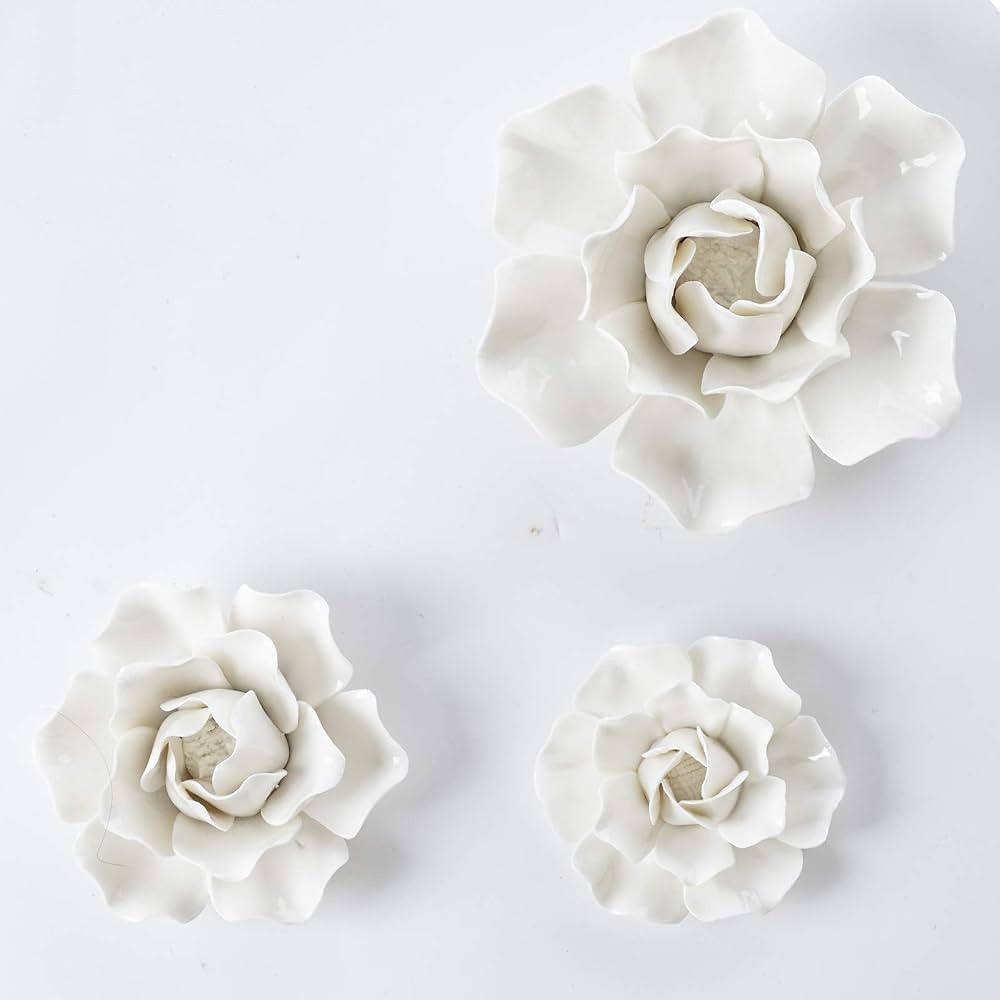 focopot Ceramic Flower Wall Decor, Handmade 3D Porcelain Wall Flowers Decoration, White set of 3,... | Amazon (US)