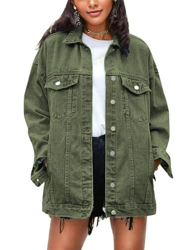Omoone Women's Oversized Mid Long Denim Jacket Jean Biker Coat(0199-Green-S) | Amazon (US)