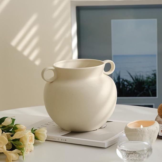 Round-Shape with Ear Wide Mouth Vase, Honey Pot-Shaped Decorative Plant Pot, No Drainage Hole (Cr... | Amazon (US)