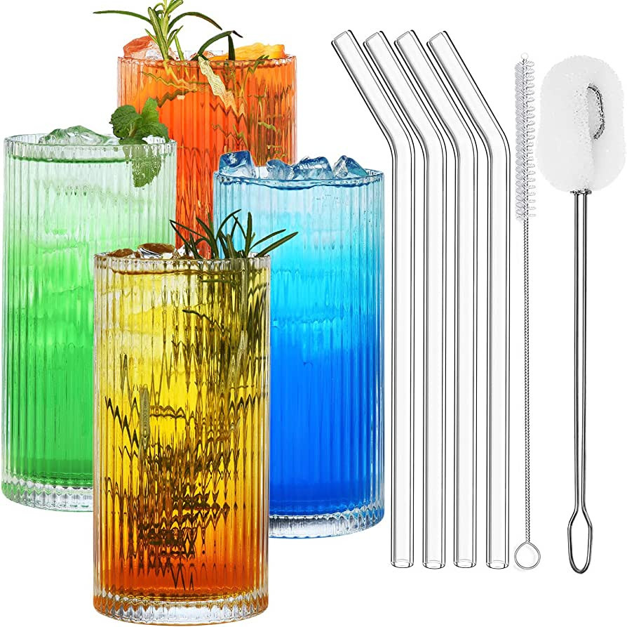 ALINK Ribbed Glassware Set of 4, Vintage Drinking Glasses Cups with Straws, Fluted Iced Coffee Cu... | Amazon (US)