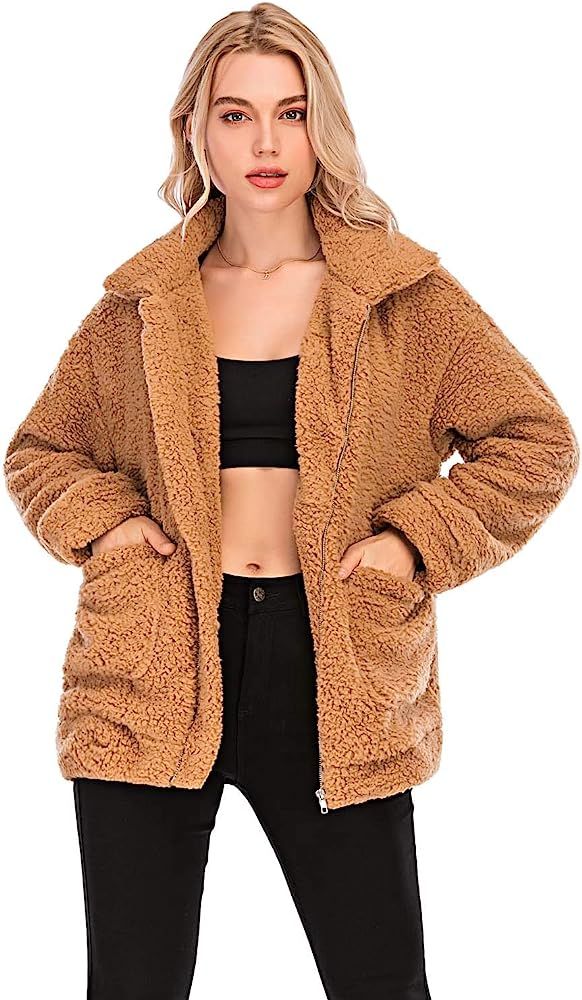 Women's Faux Fur Jacket Shaggy Jacket Winter Fleece Coat Outwear Shaggy Shearling Jacket | Amazon (US)