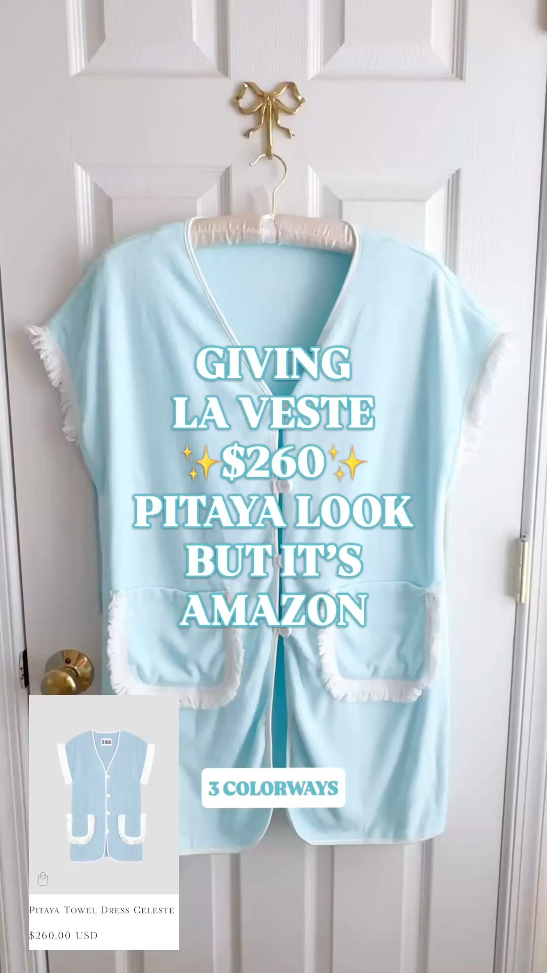 La Veste towel dress look for less | Amazon swim coverup | terry cloth coverup | beach coverup | resort outfit

Giving the $260 La Veste Celeste towel dress look, but it’s Amazon for $30.￼

This light blue terry cloth swim coverup has the pool club details that make the designer one so good: towel style fabric, V neckline, button front closure, white contrast piping, fringe trimmed sleeves, fringe patch pockets, relaxed short tunic fit, and that pale blue resort color story. Available in 3 colors.

It gives elevated towel dress, swim coverup dress, resort coverup, poolside outfit, cruise outfit, hotel pool look, beach vacation outfit, lake weekend layer, beach club lunch, and post swim energy that you would not expect from Amazon. The button front works over a swimsuit, the pockets are practical, and the fringe trim makes it feel like a resort shop find.

At $30, this is one of those Amazon designer look for less finds where the price probably will not stay this reasonable once every woman who admired the $260 La Veste one realizes this gives the same pool club look for less.

La Veste towel dress look for less, La Veste Celeste look for less, Amazon swim coverup, Amazon beach coverup, terry cloth coverup, terry cloth dress, towel dress, swim coverup dress, pool coverup, beach coverup, light blue coverup, button front coverup, fringe coverup, resort wear women, beach vacation outfit, poolside outfit, beach club outfit, cruise outfit, swimsuit coverup, designer swim coverup look for less

#LTKFindsUnder50 #AmazonFinds #PoolCoverup #Terrycloth #SwimCoverup #BeachCoverup #VacationOutfit #ResortStyle #LaVeste #LookForLess