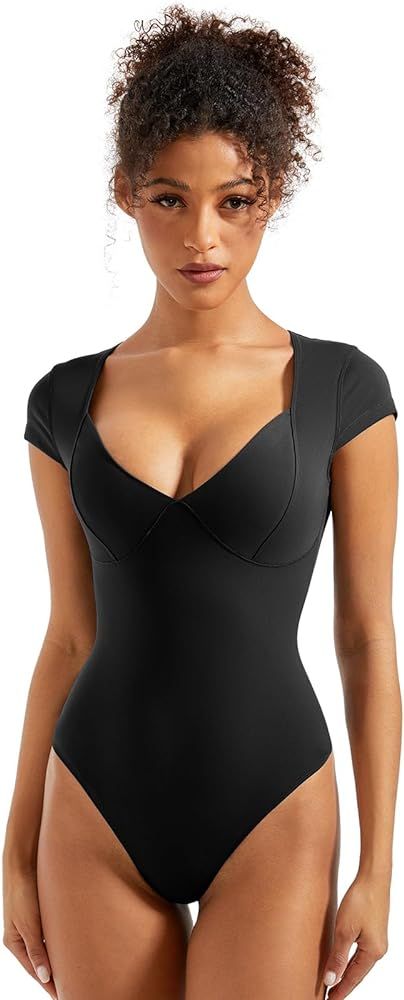 SUUKSESS Women Sexy Deep V Neck Short Sleeve Bodysuit Compression Body Suit Tops | Amazon (US)
