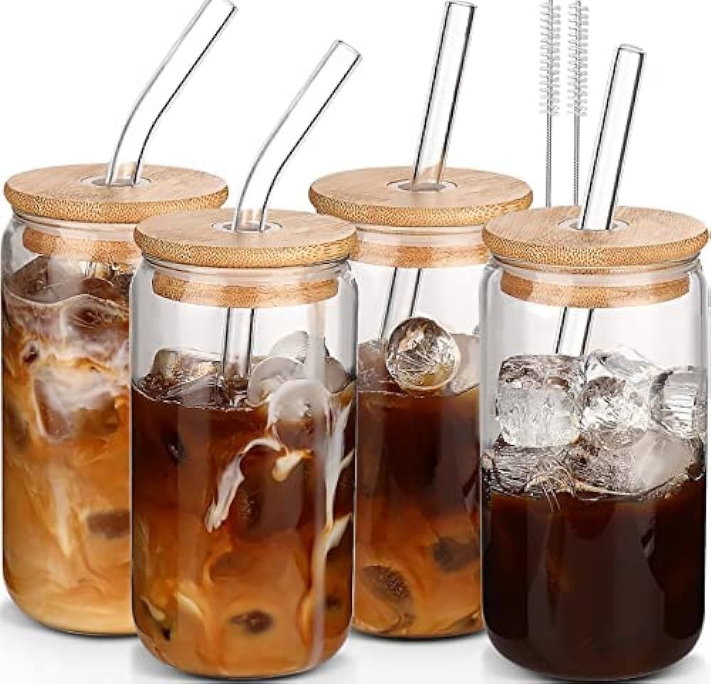 DWTS DANWEITESI Glass Cups with Lids and Straws 4pcs Set 16oz Iced Coffee Cups,Glass Coffee Cups ... | Amazon (US)