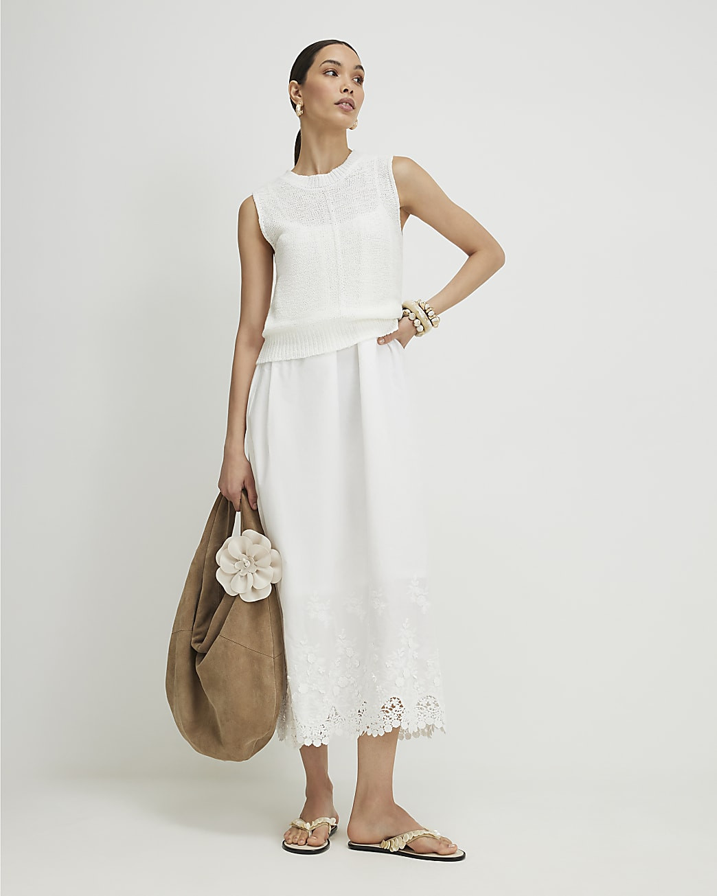 White Schiffli Hem Knitted Hybrid Dress | River Island UK & IE