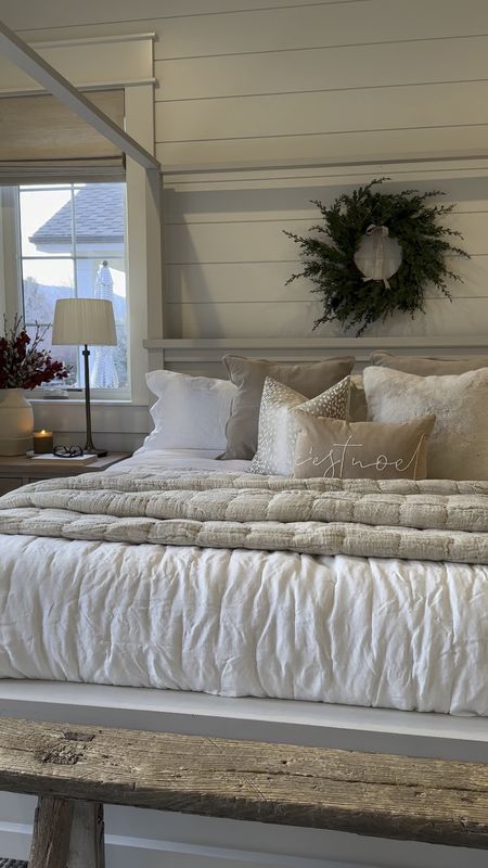 Holiday Bedroom.  

Cozy primary bedroom | home for the holidays | guest bedroom | bedding layers | antiqued gold lamp with pleated shade | neutral bedroom | burgundy orchids and pussy willow 

#LTKHoliday #LTKsalealert #LTKhome