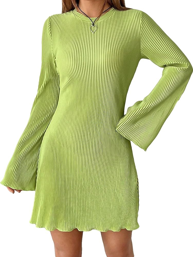 SHENHE Women's Ribbed Knit Bell Long Sleeve Lettuce Trim Casual Plain Tshirt Dress | Amazon (US)