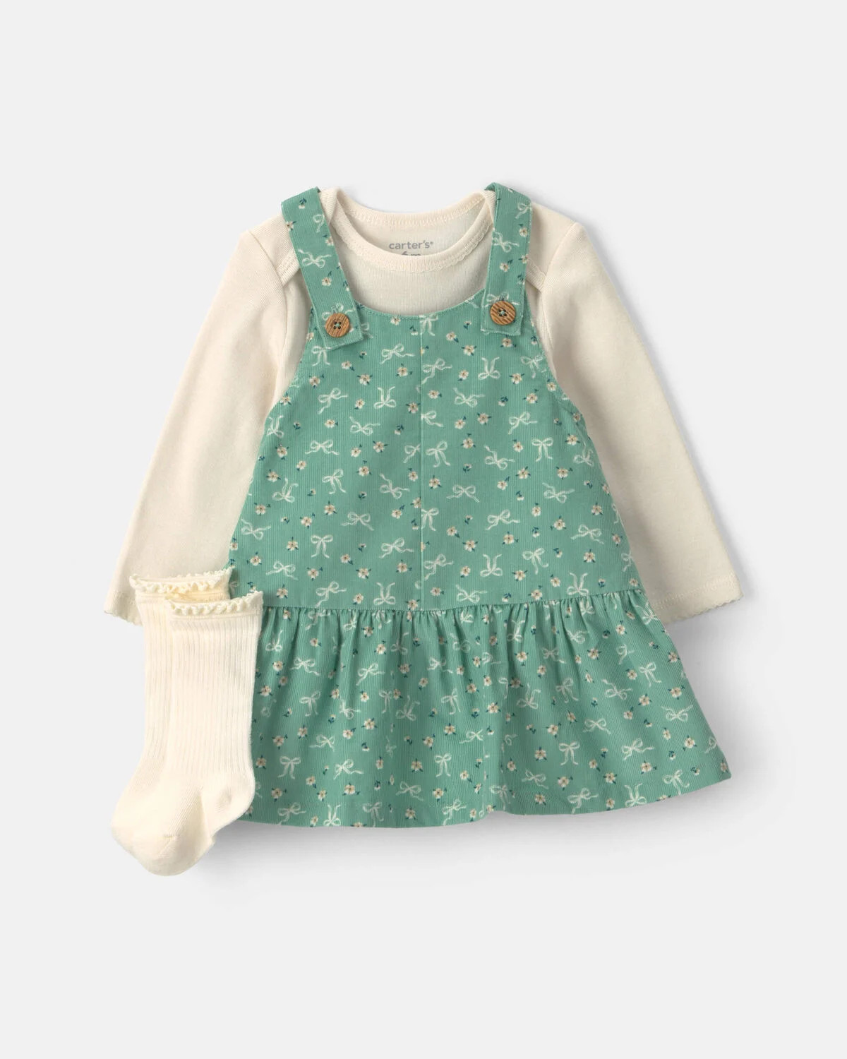 Baby Girl 3-Piece Bow Floral Corduroy Long-Sleeve Dress Set - Green/Cream | Carter's Inc