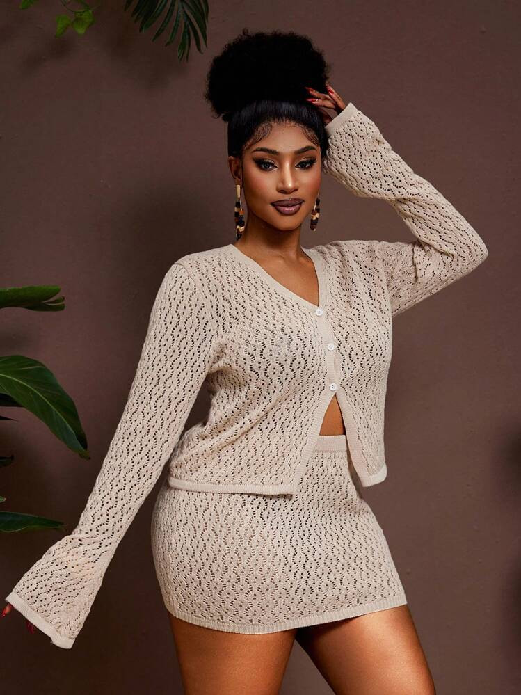 Veslaya 2025 New Arrival Casual& Vacation&Elegant& Office Style V-Neck Hollow Out Bell Sleeve Cardigan And Bodycon Mini Skirt Knit Suit Set For Spring, Summer And Autumn Knit Two Piece Set Beige Two Piece Set Comfortable Two Piece Set Crochet Two Piece Set Plus Size Two Piece Set | SHEIN