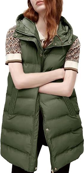 Tanming Women's Long Puffer Vest Cotton Sleeveless Puffy Jacket with Removable Hood | Amazon (US)