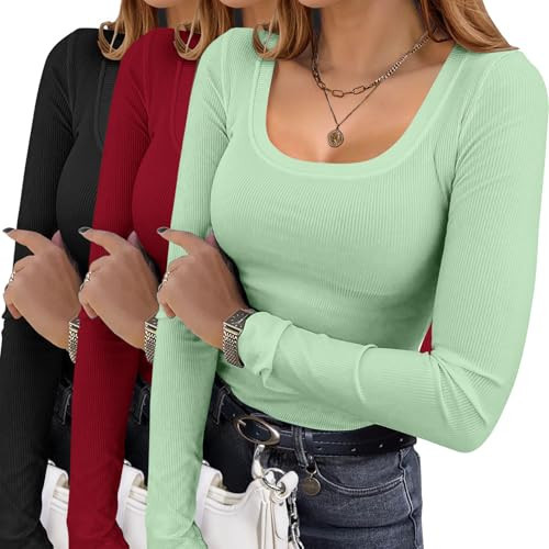 Ekouaer Womens 3 Pack Long Sleeve Shirts Square Neck Basic Ribbed Tops Tee Thermal Undershirts Black/Burgundy/Green Medium | Amazon (US)