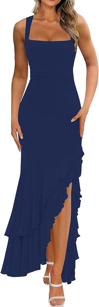 BORIFLORS Women's Elegant Bodycon Ruched Maxi Cocktail Dress Mesh Sleeveless Mermaid Ruffle Beach... | Amazon (US)